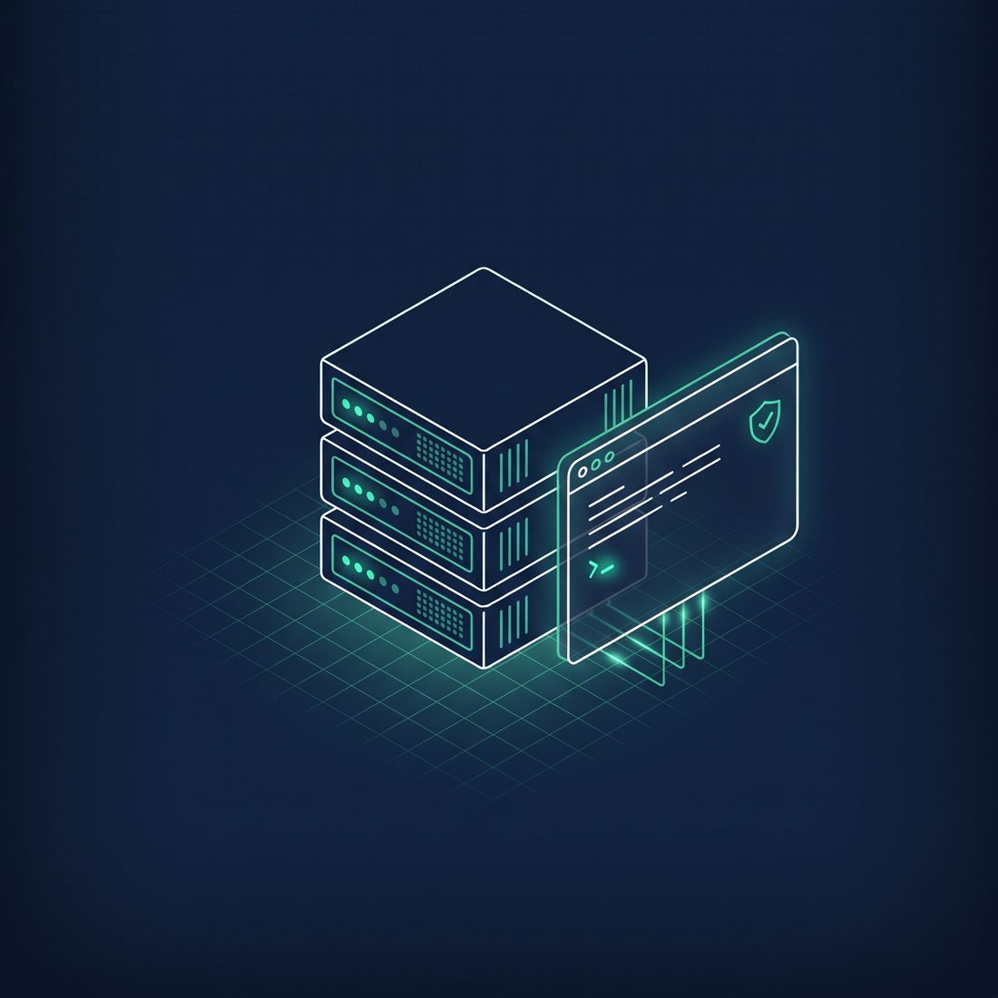 Illustration: Server-Rack mit verbundenem Terminal-Fenster und Schutzschild